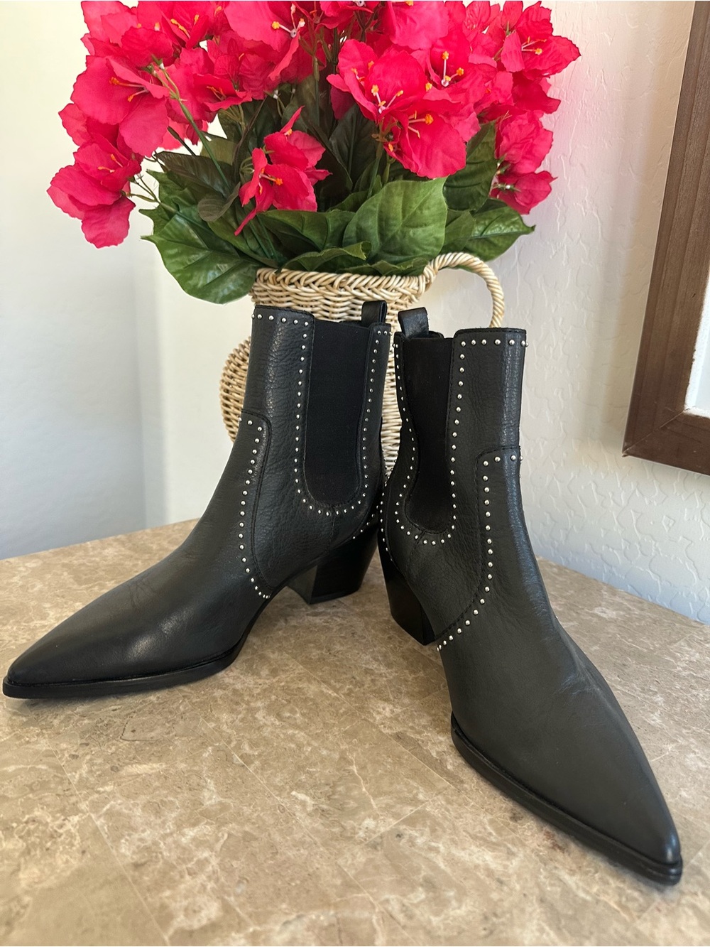 PAIGE Black Studded Pointed-Toe Chelsea Booties